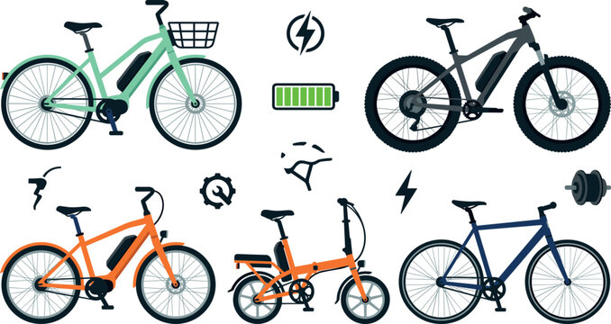 Electric bicycle vector icon set featuring e-bikes battery charging symbol city and mountain models isolated on white background.