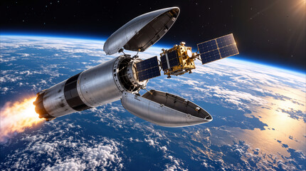 Fototapeta premium Fairing separation of orbital rocket stage releasing communication satellite into low earth orbit. Aerospace engineering concept for satellite deployment and space exploration.