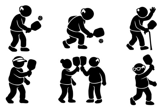 Senior pickleball icon set featuring elderly stick figures with paddles balls cane visor glasses and active retirement athlete silhouettes