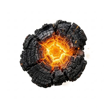 Glowing hot charcoal log burning with bright orange embers isolated