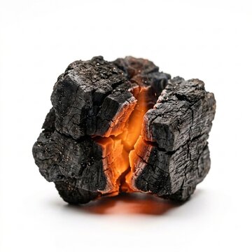 Glowing hot charcoal briquette burning with bright orange embers