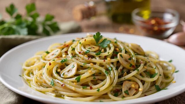 Drizzling olive oil over spaghetti aglio e olio with garlic and parsley