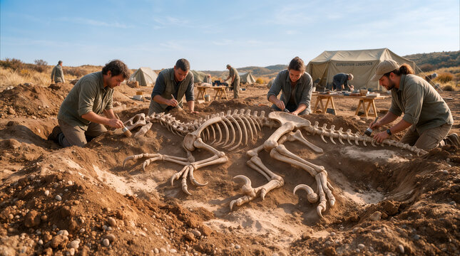 Archaeologists excavating dinosaur skeleton at desert dig site. Team of researchers using brushes on prehistoric fossil remains in remote wilderness camp.