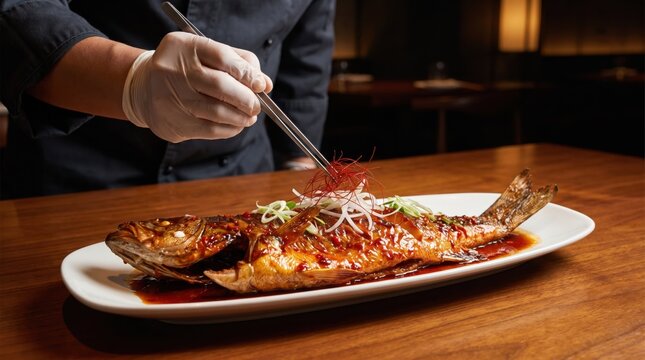 Chef plating a gourmet glazed fish dish with tweezers in a restaurant kitchen. Professional culinary preparation showcasing fine dining presentation, exquisite seafood recipes, and gourmet.