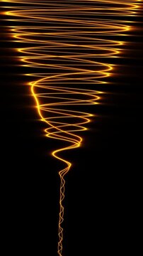 Glowing golden vortex harmonics spiral downward in a vertical electrical discharge against a dark background in a 3D animation