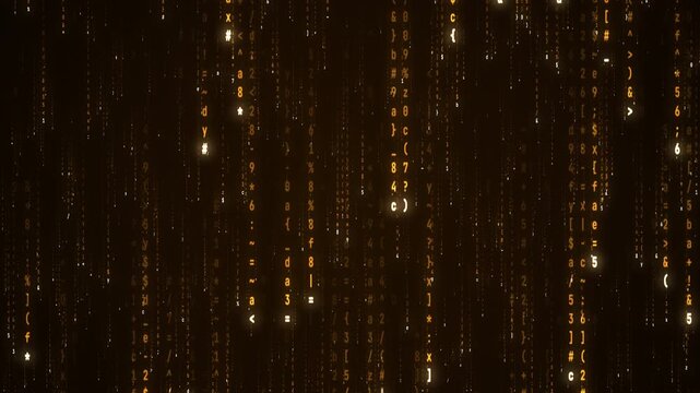 Falling amber digital rain of code symbols and brackets in layered depth, seamless loop