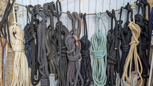Coiled marine ropes hanging on a wall in a boatyard. 
