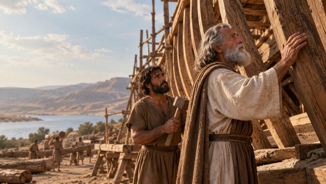 Noah and worker build the ark in a biblical story. Genesis flood narrative and faith. Wooden ship construction. Religious storytelling and scripture illustration. Ancient craftsmanship