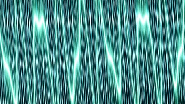 Glowing cyan laser lines vibrate vertically across a dark cyberspace background in an abstract high-tech 3D motion graphic