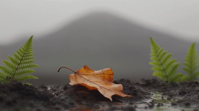 Single Autumn Leaf Falling, Soft Mountain Behind