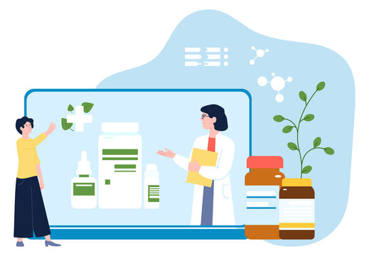 Doctor help woman with herbal and homeopathic drugs. Alternative medicine