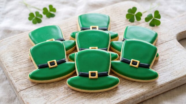 St Patricks Day green leprechaun hat cookies on a wooden board. Festive Irish holiday baked treats for spring celebrations, party food, and traditional gatherings.