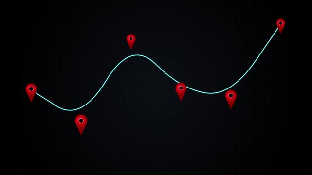 A glowing light blue line graph with red location pin markers on a dark grid background, representing data trends and geographical points