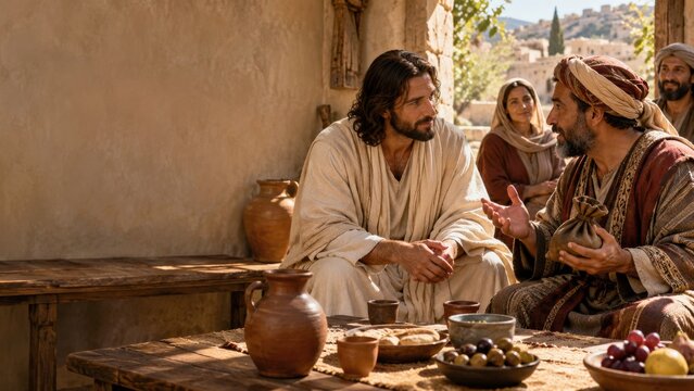 Jesus speaks with a seated man holding a money pouch at a shared meal. Biblical story of Zacchaeus. Christian faith and forgiveness. Gospel teaching and hospitality
