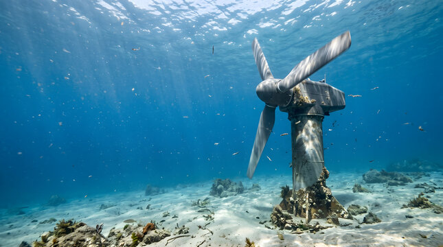 Underwater Tidal Energy Turbine on Ocean Floor With Three Blade Propeller Coral Growth and Sunlight Rays Through Clear Water