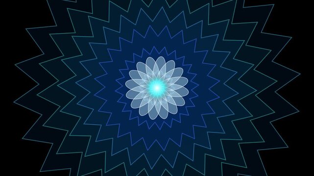 Abstract digital art featuring a glowing blue flower pattern surrounded by concentric zigzag lines on a dark background