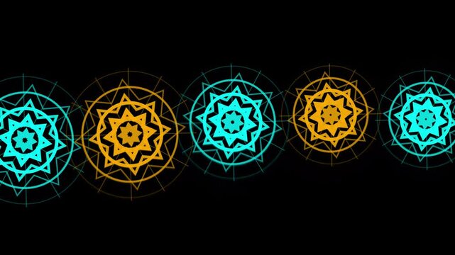Abstract geometric pattern with glowing cyan and orange starshaped mandalas arranged in a horizontal row on a black background