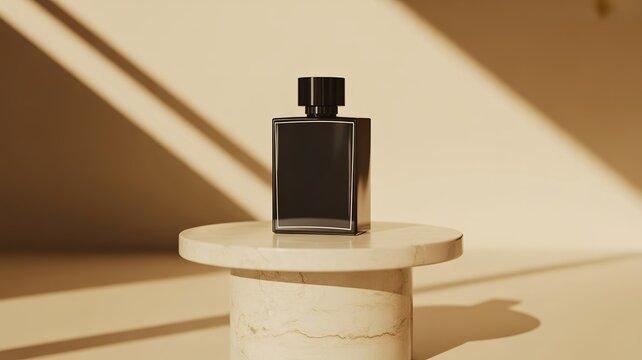 Black rectangular perfume bottle on marble pedestal with dramatic shadow play fragrance glass