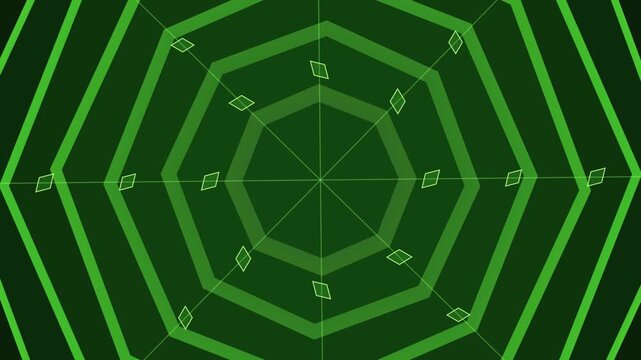 Abstract geometric pattern with concentric octagons and small diamond shapes in shades of green on a dark background