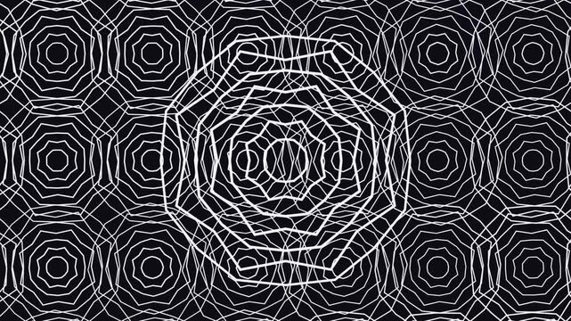 Abstract geometric pattern with white line art on a black background, featuring intricate octagonal shapes and concentric circular mandala designs