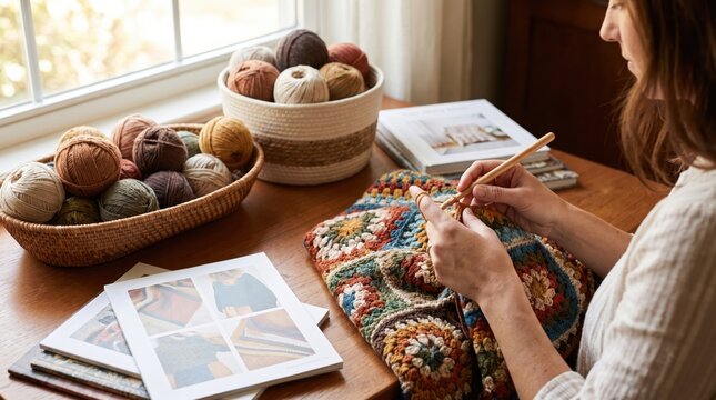 Woman crocheting colorful granny square blanket with yarn balls and pattern books. Cozy handcrafted hobby and creative lifestyle for mindfulness, relaxation, and artisanal home crafting.