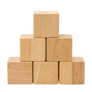 Six light brown wooden toy blocks stacked in a pyramid shape on a clean white background