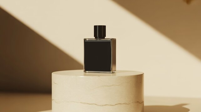 Minimalist product of a black glass perfume bottle on a marble pedestal with dramatic shadows black bottle