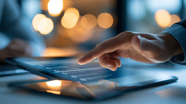 Hand tapping a tablet at a bright desk showing an online exam with correct answers selected business assessment and certification concept online exams surveys correct answers