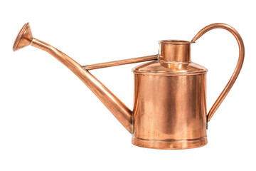 Shiny vintage copper watering can with a long spout and handle is captured in a studio shot on a clean white background © no one