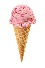 Delicious strawberry ice cream scoop with visible fruit pieces in a crispy waffle cone, isolated on a clean white background © no one