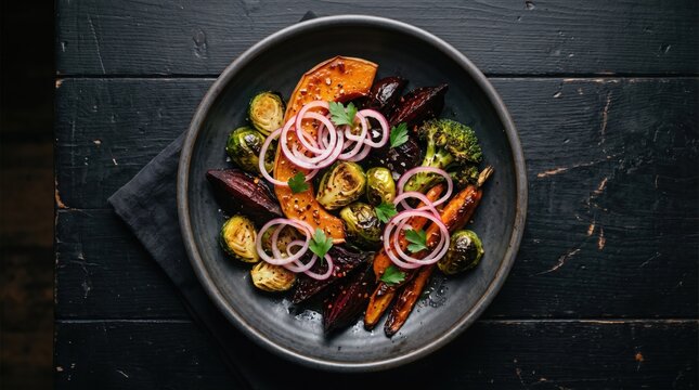 Roasted vegetables in a bowl with squash and Brussels sprouts. Healthy plant-based meal featuring roasted root vegetables and autumn harvest produce for clean eating lifestyle.