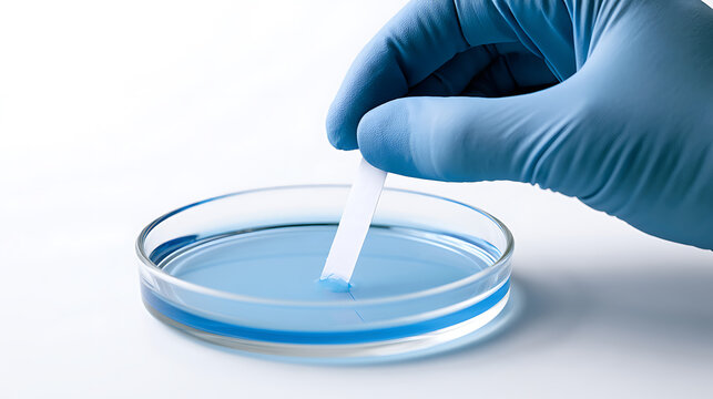 Scientist hand in blue glove dip test strip in petri dish with blue liquid sample for chemical analysis in medical laboratory white background
