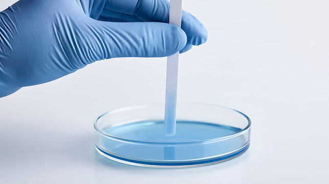 Scientist hand in blue glove dip pH paper test strip into blue liquid sample in glass petri dish for chemical analysis and experiment work
