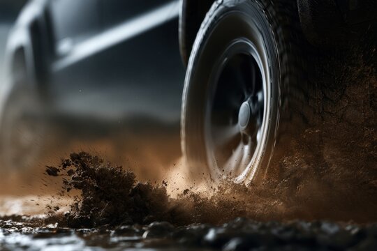 Dynamic off-road vehicle tire spinning through muddy terrain with dirt splashing and motion blur on rugged outdoor trail