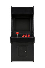 Classic black arcade game machine with a red joystick and buttons stands prominently on a clean white background © no one