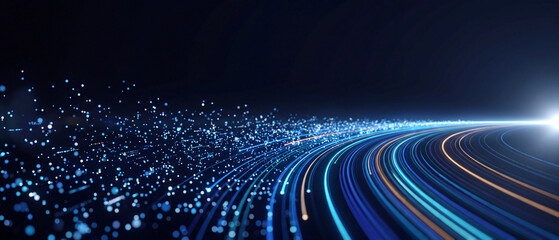Fototapeta premium Cyan and golden light trails curving past a row of glass panels into a white glow, motion blur road at night, speed, innovation and future technology concept rendered in 3D