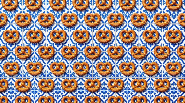 Freshly baked pretzels arranged in a repeating pattern over blue and white tiles. Appetizing culinary food background for bakery, snack, and traditional Oktoberfest festival themes.