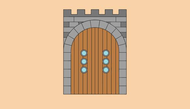 Medieval castle tower features wooden double doors with round porthole windows and stone battlements.