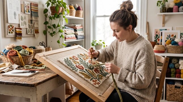 Woman creating punch needle rug hooking project in bright cozy craft studio. Creative hobby and mindful selfcare lifestyle for handmade textile art, artisanal crafts, and home decor.
