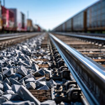 Low-angle view of gravel and rails with stationary freight trains on parallel tracks under a clear sky in bright daylight