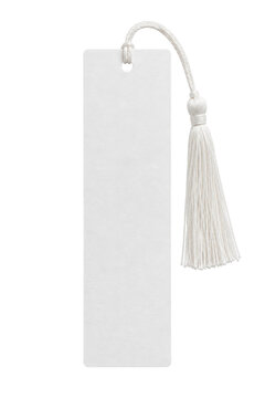 Blank white paper bookmark with a delicate white tassel, featuring a textured surface and rounded corners, isolated on a clean background