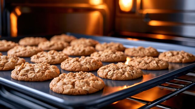 Freshly baked oatmeal cookies browning on a baking sheet inside a warm oven with glowing orange lights in the background