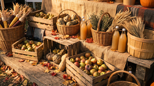 Fresh autumn harvest market stall featuring wooden crates filled with ripe organic apples and pumpkins alongside bottled apple cider