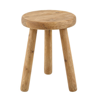 Simple round wooden stool with three sturdy legs, showcasing natural grain and texture on a clean white background