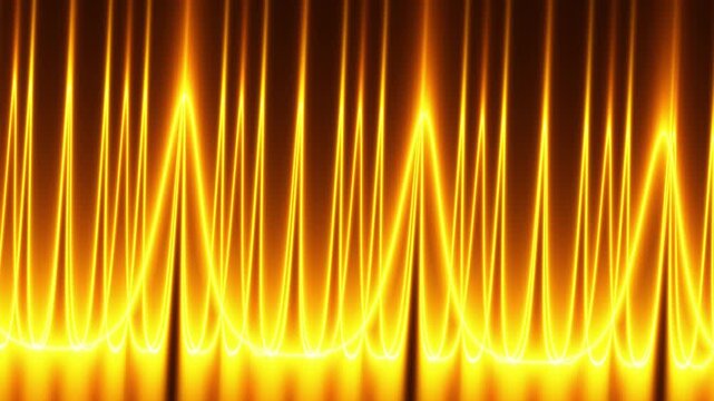Bright golden amber optical waveguide beams fluctuate along a dark horizontal horizon in a futuristic 3D background
