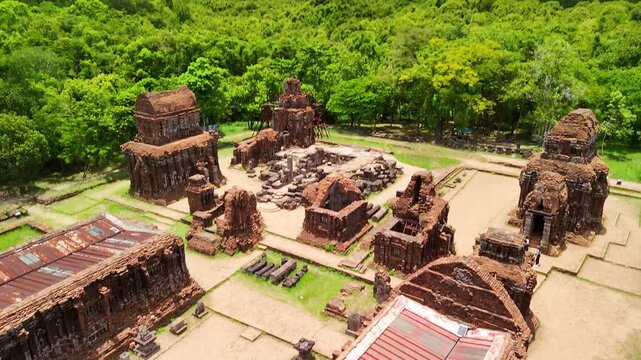 High angle drone shot of red brick temple ruins at My Son