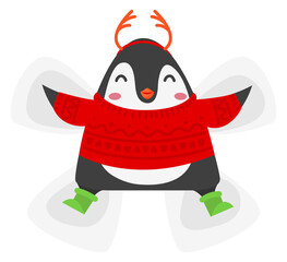 Fototapeta premium Penguin make snow angel. Winter outdoor fun