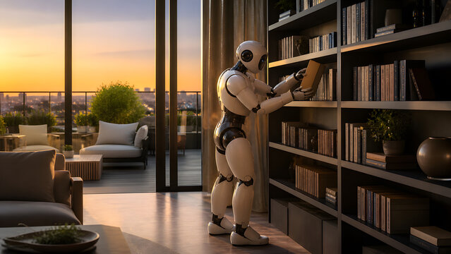humanoid robot placing book on tall shelf inside rooftop apartment during colorful evening city sunset