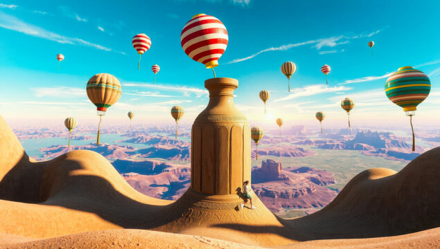 Surreal illustration featuring floating objects in an impossible environment, dreamlike mood, imaginative concept, modern digital art.