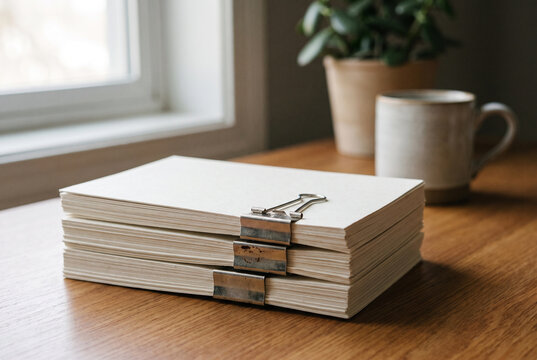 Stack of blank index cards with binder clips